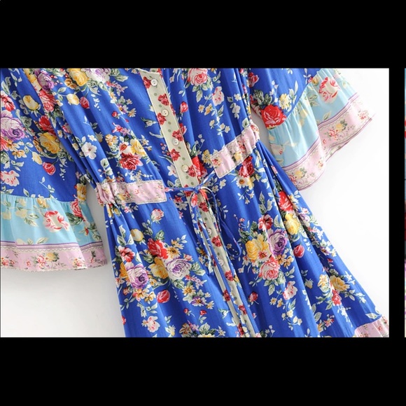 Blue V Neck Boho Floral Gypsy Print Maxi Dress - Picture 6 of 16